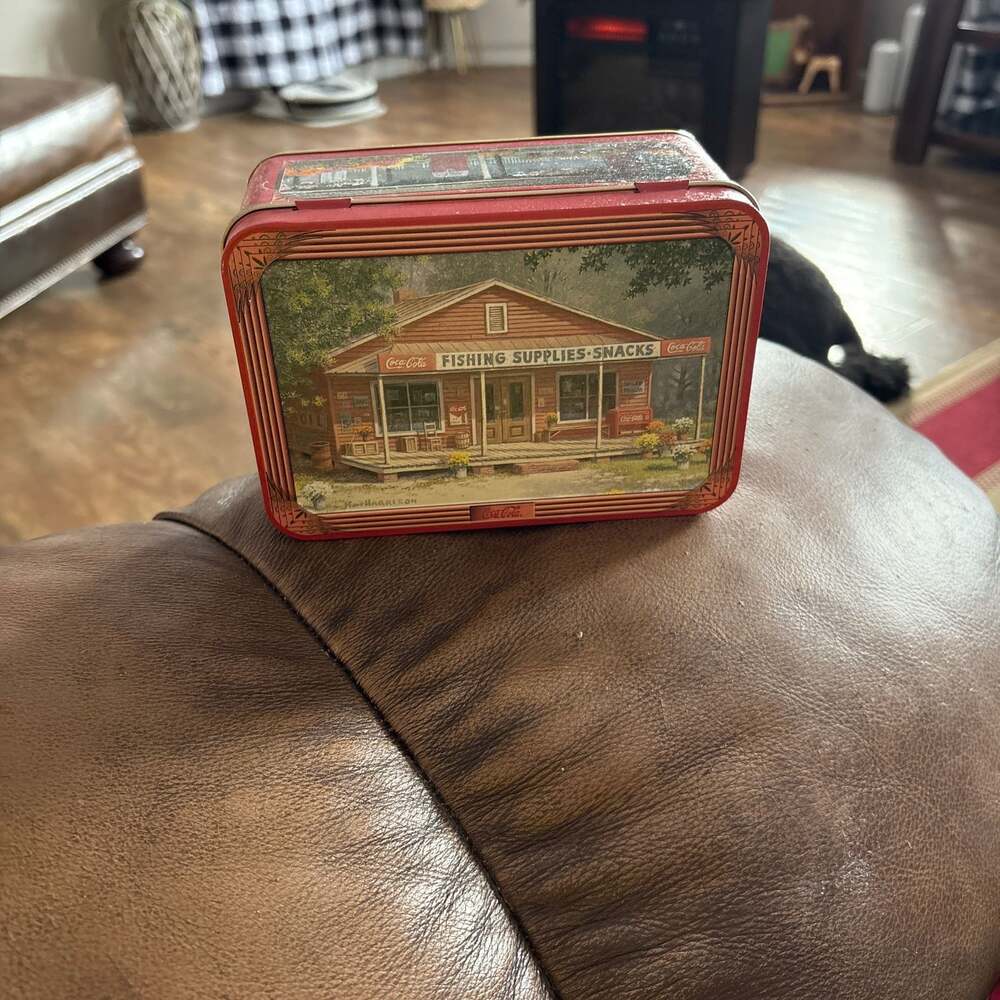 Vintage 2002 Coca-Cola Heritage Fishing Supplies Store Hinged Metal Tin by Jim H